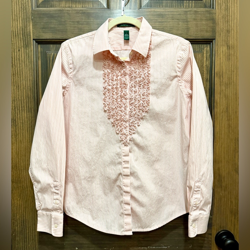 Striped Pink and White LAUREN Ralph Lauren green tag tuxedo ruffle shirt